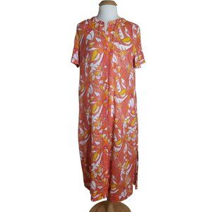 C&C California Short Sleeve Midi Shirt Dress Size L Coral White Floral Linen Ble